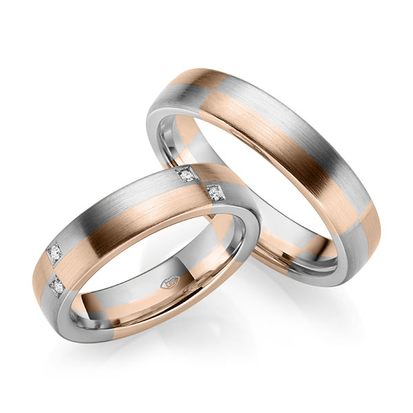 Set Bicolor trouwringen in roodgoud 14 kt. grijsgoud 14 kt. met in totaal 0,08 ct. Briljant tw/si 