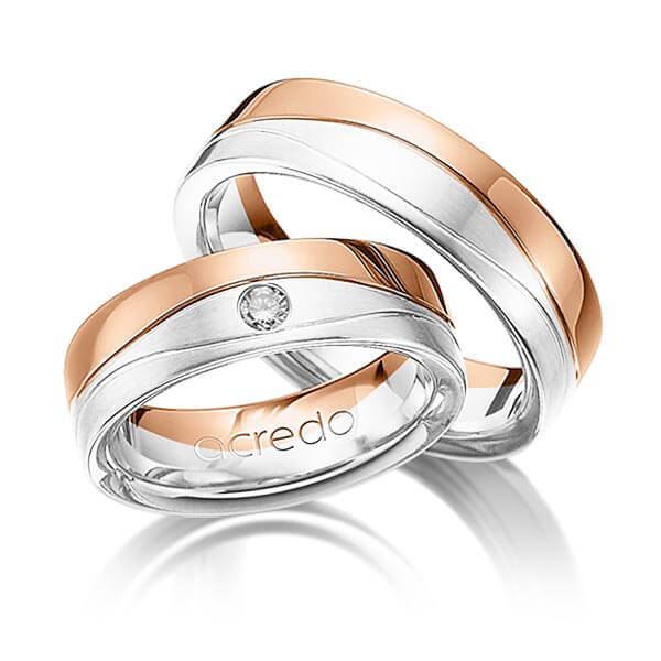 Set Bicolor trouwringen in roodgoud 14 kt. grijsgoud 14 kt. met in totaal 0,08 ct. Briljant tw/si van acredo - A-1160-1 Set Bicolor trouwringen in roodgoud 14 kt. grijsgoud 14 kt. met in totaal 0,08 ct. Briljant tw/si van acredo - A-1160-1