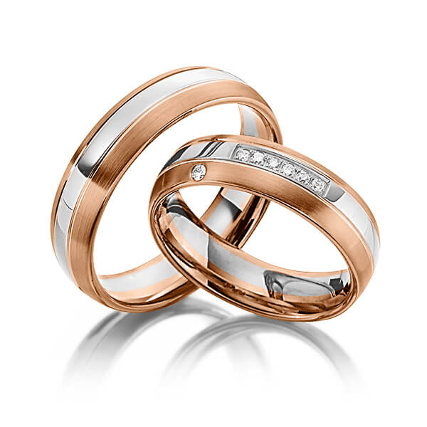 Set Bicolor trouwringen in roodgoud 14 kt. grijsgoud 14 kt. met in totaal 0,08 ct. Briljant tw/si van Steinberg