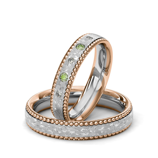 Set Bicolor trouwringen in roodgoud 14 kt. grijsgoud 14 kt. met in totaal 0,09 ct. Briljant Apple Green tw,vs van Merii - M-1241-11 Set Bicolor trouwringen in roodgoud 14 kt. grijsgoud 14 kt. met in totaal 0,09 ct. Briljant Apple Green tw,vs van Merii - M-1241-11