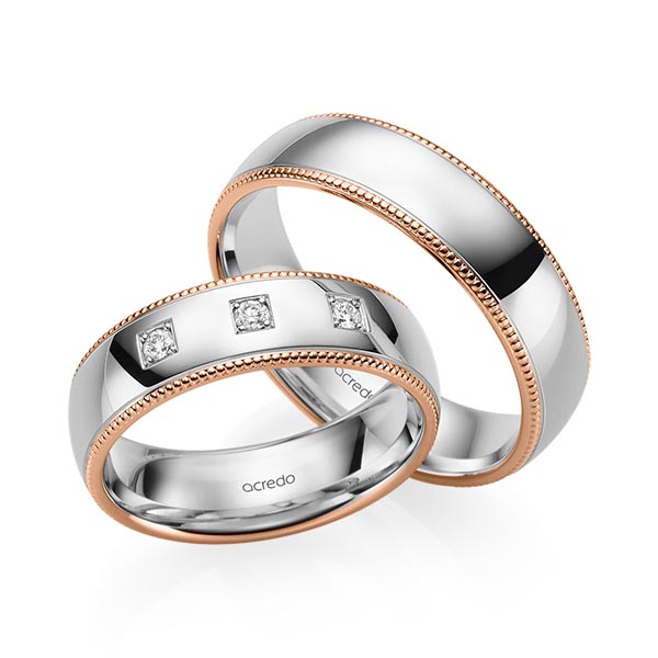 Set Bicolor trouwringen in roodgoud 14 kt. grijsgoud 14 kt. met in totaal 0,09 ct. Briljant tw/si van acredo