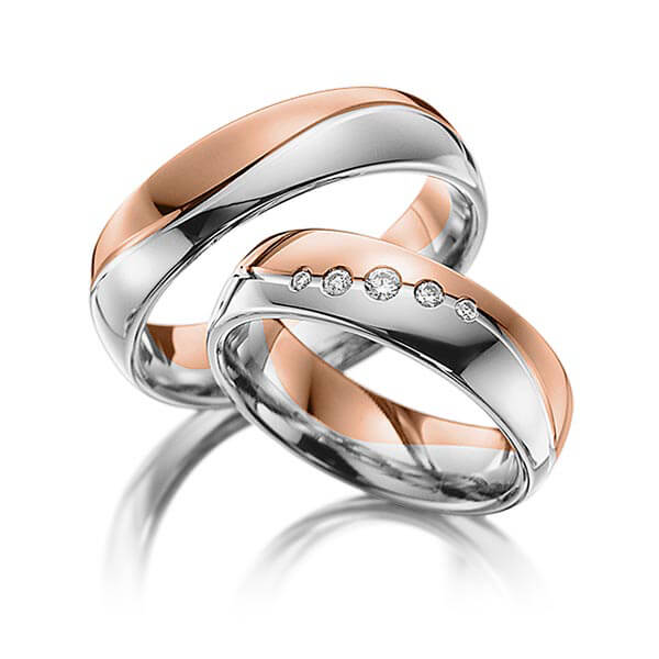 Set Bicolor trouwringen in roodgoud 14 kt. grijsgoud 14 kt. met in totaal 0,09 ct. Briljant tw/si van Steinberg