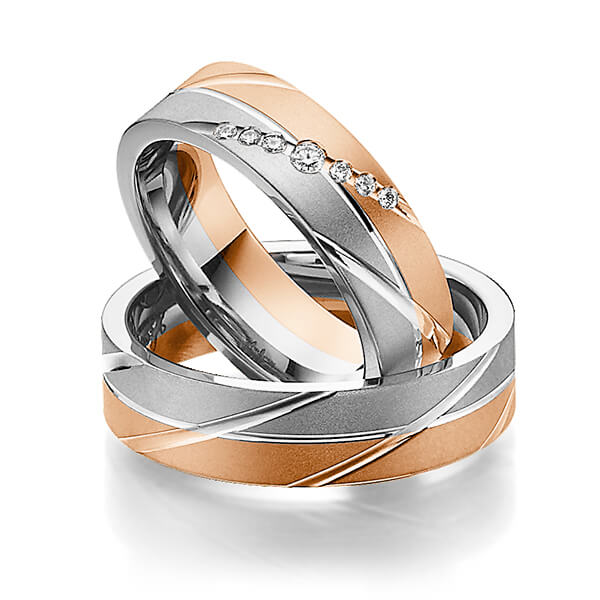 Set Bicolor trouwringen in roodgoud 14 kt. grijsgoud 14 kt. met in totaal 0,09 ct. Briljant tw/si van Steinberg - T-1145-6 Set Bicolor trouwringen in roodgoud 14 kt. grijsgoud 14 kt. met in totaal 0,09 ct. Briljant tw/si van Steinberg - T-1145-6