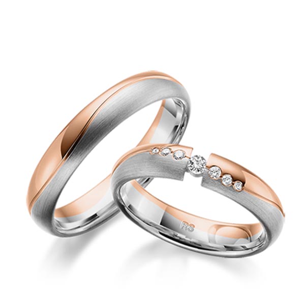 Set Bicolor trouwringen in roodgoud 14 kt. grijsgoud 14 kt. met in totaal 0,11 ct. Briljant tw/si van acredo