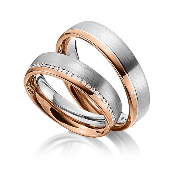 Set Bicolor trouwringen in roodgoud 14 kt. grijsgoud 14 kt. met in totaal 0,145 ct. Briljant tw/si van Steinberg