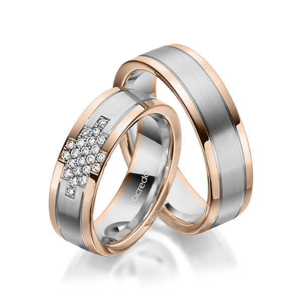 Set Bicolor trouwringen in roodgoud 14 kt. grijsgoud 14 kt. met in totaal 0,186 ct. Briljant tw/si van acredo - A-1974-11