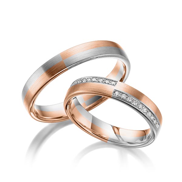 Set Bicolor trouwringen in roodgoud 14 kt. grijsgoud 14 kt. met in totaal 0,1 ct. Briljant tw/si van Eternal Touch