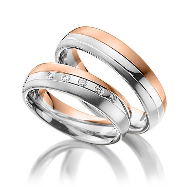 Set Bicolor trouwringen in roodgoud 14 kt. grijsgoud 14 kt. met in totaal 0,1 ct. Briljant tw/si van Steinberg