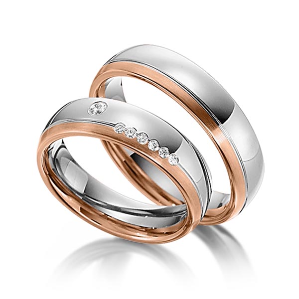 Set Bicolor trouwringen in roodgoud 14 kt. grijsgoud 14 kt. met in totaal 0,1 ct. Briljant tw/si van Steinberg
