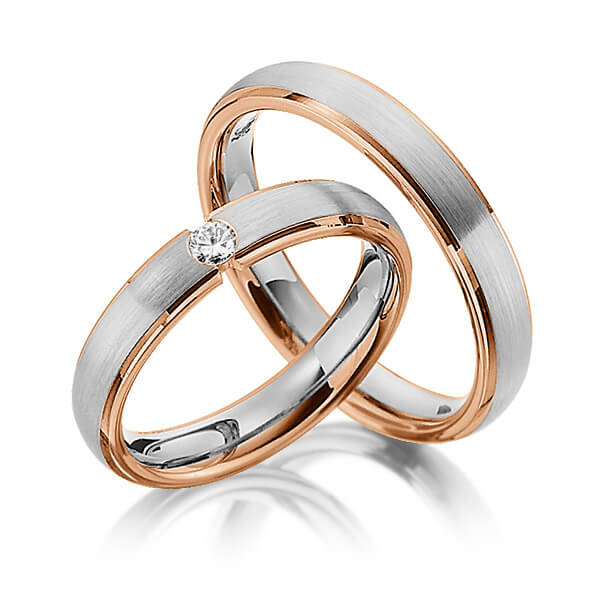 Set Bicolor trouwringen in roodgoud 14 kt. grijsgoud 14 kt. met in totaal 0,1 ct. Briljant tw/si van Steinberg