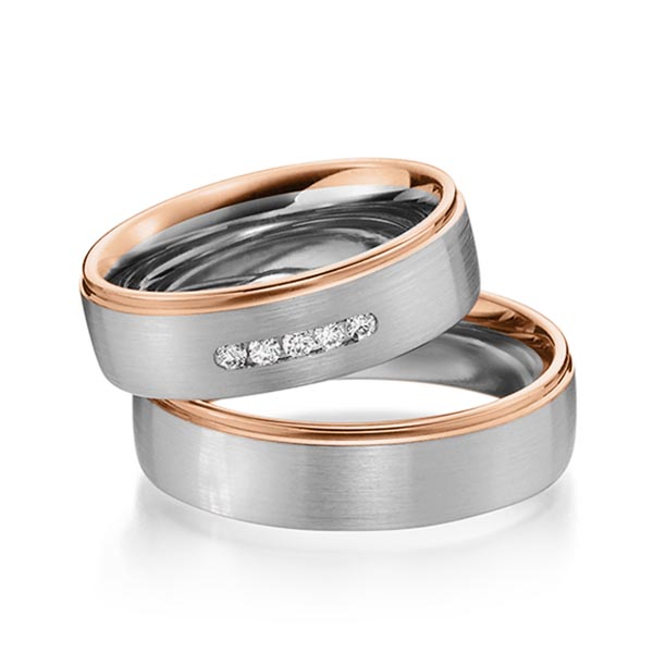 Set Bicolor trouwringen in roodgoud 14 kt. grijsgoud 14 kt. met in totaal 0,1 ct. Briljant tw/si van Steinberg