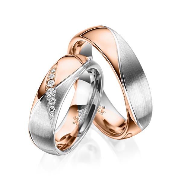 Set Bicolor trouwringen in roodgoud 14 kt. grijsgoud 14 kt. met in totaal 0,1 ct. Briljant tw/si van Steinberg