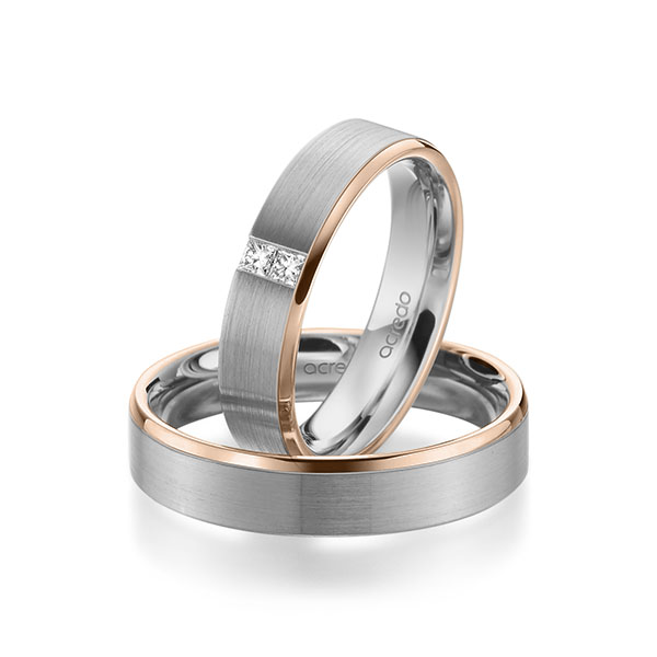 Set Bicolor trouwringen in roodgoud 14 kt. grijsgoud 14 kt. met in totaal 0,1 ct. Princess-Diamant tw/si van acredo