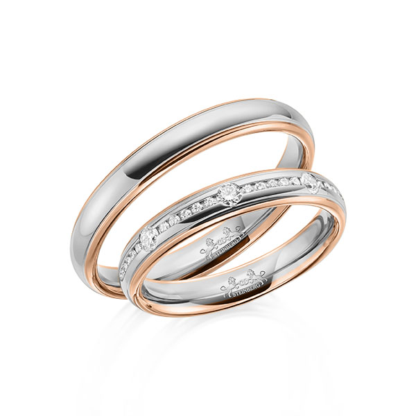 Set Bicolor trouwringen in roodgoud 14 kt. grijsgoud 14 kt. met in totaal 0,22 ct. Briljant tw/si van Steinberg