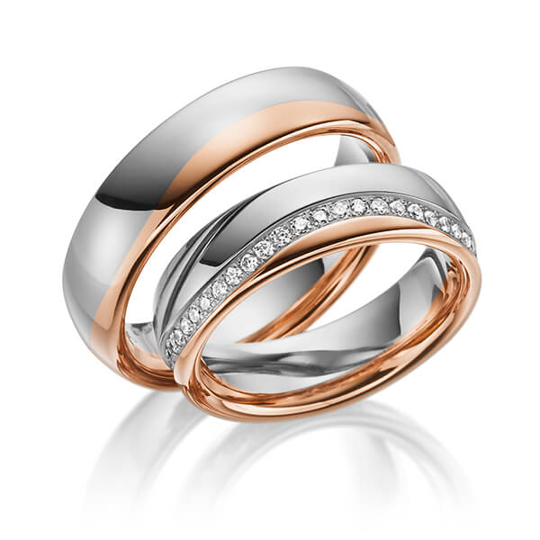 Set Bicolor trouwringen in roodgoud 14 kt. grijsgoud 14 kt. met in totaal 0,47 ct. Briljant tw/si van Steinberg - Q-1192-3 Set Bicolor trouwringen in roodgoud 14 kt. grijsgoud 14 kt. met in totaal 0,47 ct. Briljant tw/si van Steinberg - Q-1192-3