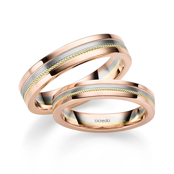 Set Bicolor trouwringen in roodgoud 14 kt. platina-palladium 600 groengoud 14 kt. van acredo - S-1336-1