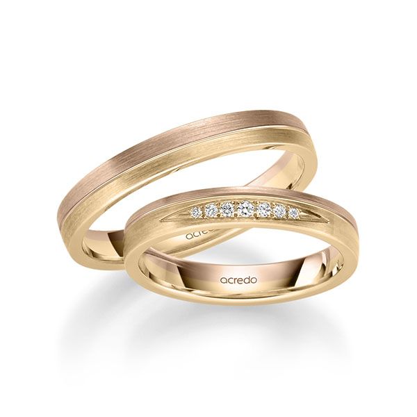 Set Bicolor trouwringen in roodgoud 14 kt. roségoud 14 kt. met in totaal 0,061 ct. Briljant tw/si van acredo