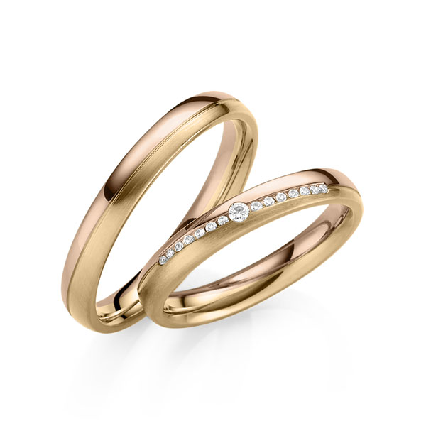 Set Bicolor trouwringen in roodgoud 14 kt. roségoud 14 kt. met in totaal 0,095 ct. Briljant tw,vs van Eternal Touch