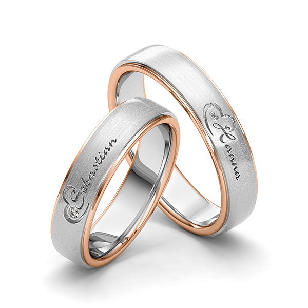 Set Bicolor trouwringen in roodgoud 14 kt. witgoud 14 kt. Hart met in totaal 0,01 ct. Briljant tw/si van Eternal Touch