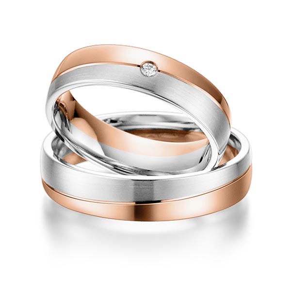 Set Bicolor trouwringen in roodgoud 14 kt. witgoud 14 kt. met in totaal 0,015 ct. Briljant tw/si van acredo - S-1102-3