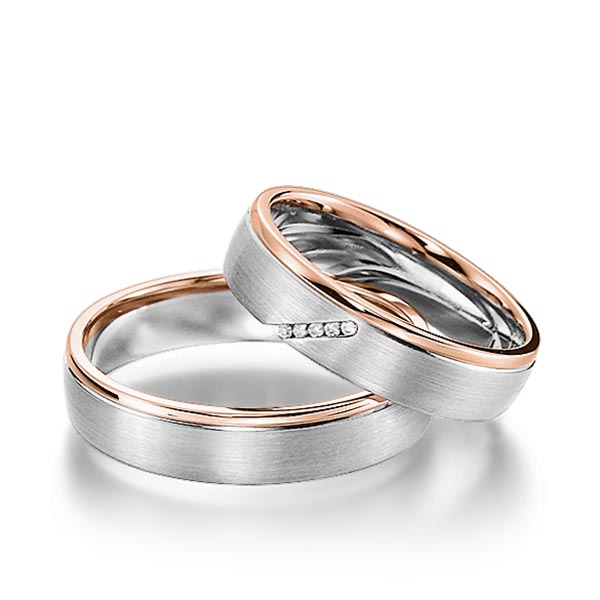 Set Bicolor trouwringen in roodgoud 14 kt. witgoud 14 kt. met in totaal 0,025 ct. Briljant tw/si van acredo - S-1155-1