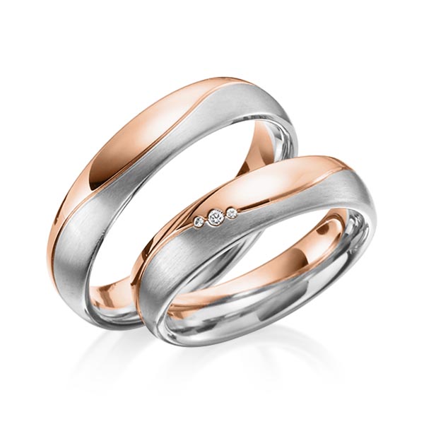 Set Bicolor trouwringen in roodgoud 14 kt. witgoud 14 kt. met in totaal 0,025 ct. Briljant tw/si van Eternal Touch