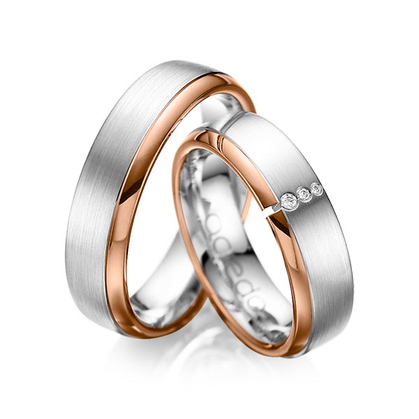 Set Bicolor trouwringen in roodgoud 14 kt. witgoud 14 kt. met in totaal 0,03 ct. Briljant tw/si van acredo - A-1067-6