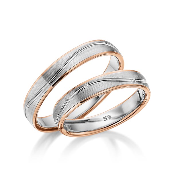 Set Bicolor trouwringen in roodgoud 14 kt. witgoud 14 kt. met in totaal 0,03 ct. Briljant tw/si van acredo