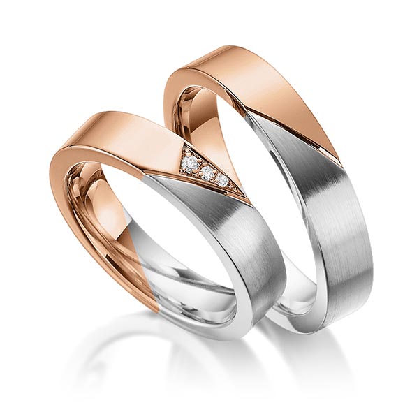 Set Bicolor trouwringen in roodgoud 14 kt. witgoud 14 kt. met in totaal 0,03 ct. Briljant tw/si van Eternal Touch - Y-1378-4 Set Bicolor trouwringen in roodgoud 14 kt. witgoud 14 kt. met in totaal 0,03 ct. Briljant tw/si van Eternal Touch - Y-1378-4