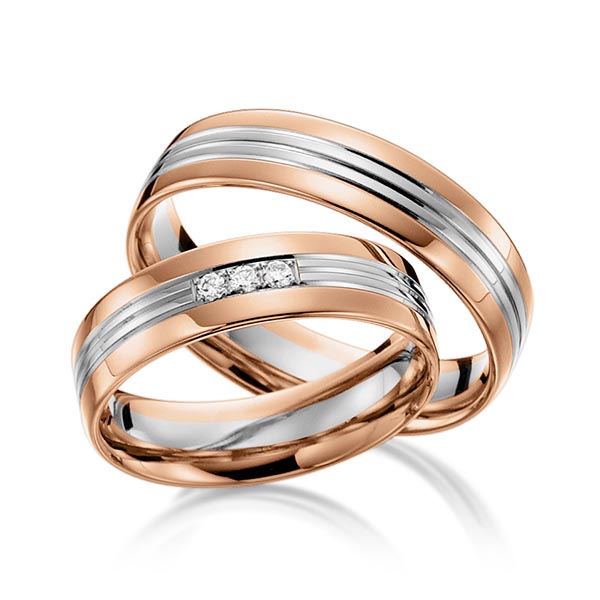 Set Bicolor trouwringen in roodgoud 14 kt. witgoud 14 kt. met in totaal 0,045 ct. Briljant tw/si van acredo