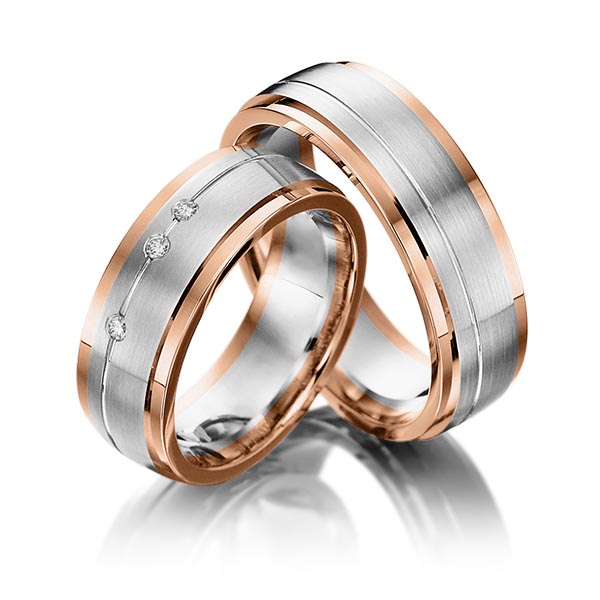Set Bicolor trouwringen in roodgoud 14 kt. witgoud 14 kt. met in totaal 0,045 ct. Briljant tw/si van Steinberg - Q-1204-13 Set Bicolor trouwringen in roodgoud 14 kt. witgoud 14 kt. met in totaal 0,045 ct. Briljant tw/si van Steinberg - Q-1204-13