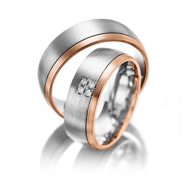 Set Bicolor trouwringen in roodgoud 14 kt. witgoud 14 kt. met in totaal 0,04 ct. Briljant tw/si van Steinberg