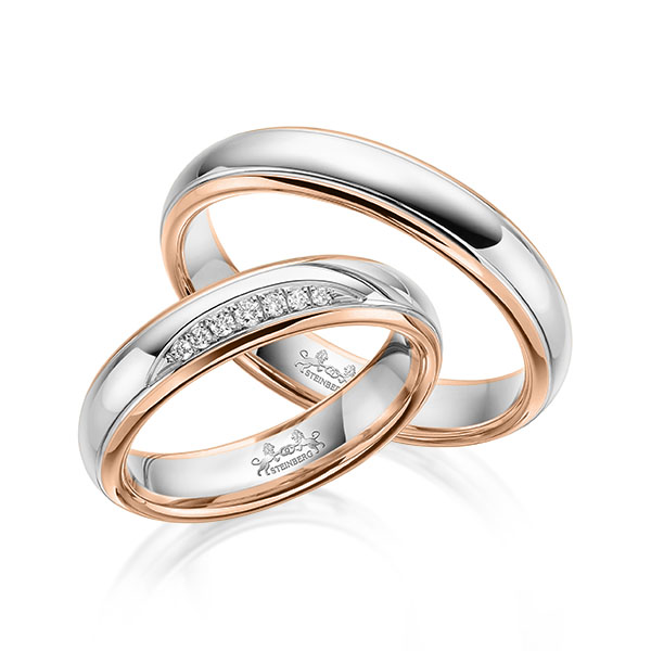 Set Bicolor trouwringen in roodgoud 14 kt. witgoud 14 kt. met in totaal 0,059 ct. Briljant tw/si van Steinberg