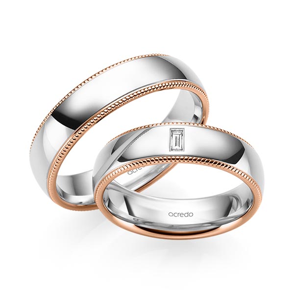 Set Bicolor trouwringen in roodgoud 14 kt. witgoud 14 kt. met in totaal 0,05 ct. Baguette-Diamant tw,vs van acredo