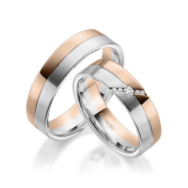 Set Bicolor trouwringen in roodgoud 14 kt. witgoud 14 kt. met in totaal 0,05 ct. Briljant & Princess-Diamant tw/si van acredo