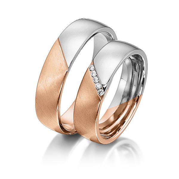 Set Bicolor trouwringen in roodgoud 14 kt. witgoud 14 kt. met in totaal 0,05 ct. Briljant tw/si van acredo - S-1148-6