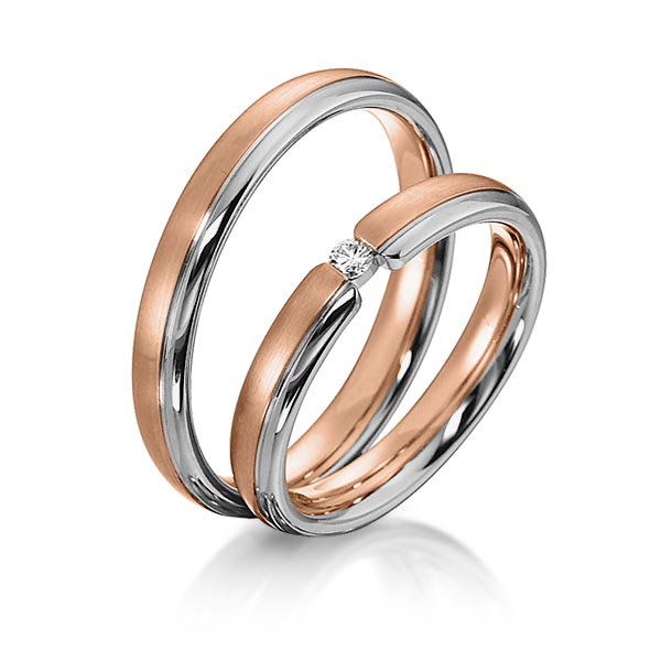 Set Bicolor trouwringen in roodgoud 14 kt. witgoud 14 kt. met in totaal 0,05 ct. Briljant tw/si van acredo - S-1150-4