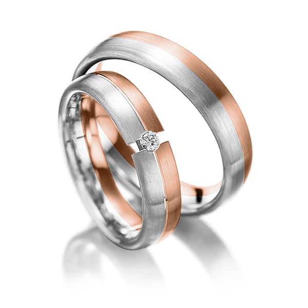 Set Bicolor trouwringen in roodgoud 14 kt. witgoud 14 kt. met in totaal 0,05 ct. Briljant tw/si van Eternal Touch