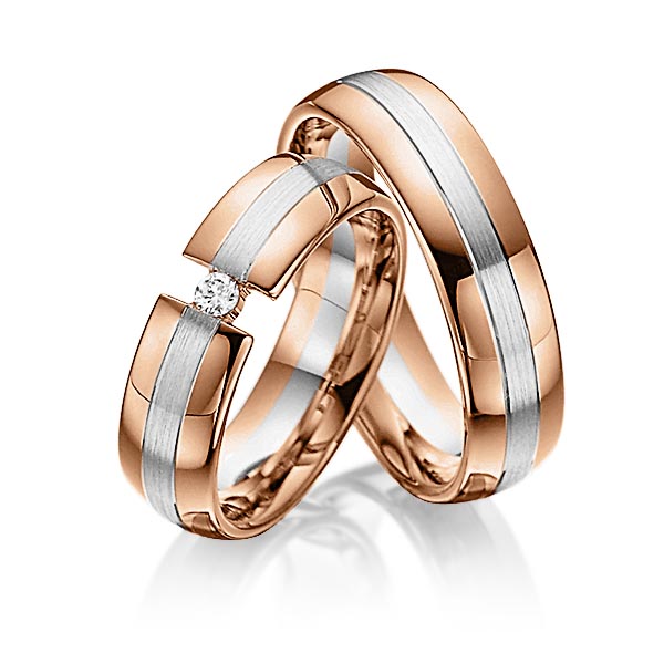 Set Bicolor trouwringen in roodgoud 14 kt. witgoud 14 kt. met in totaal 0,05 ct. Briljant tw/si van Steinberg