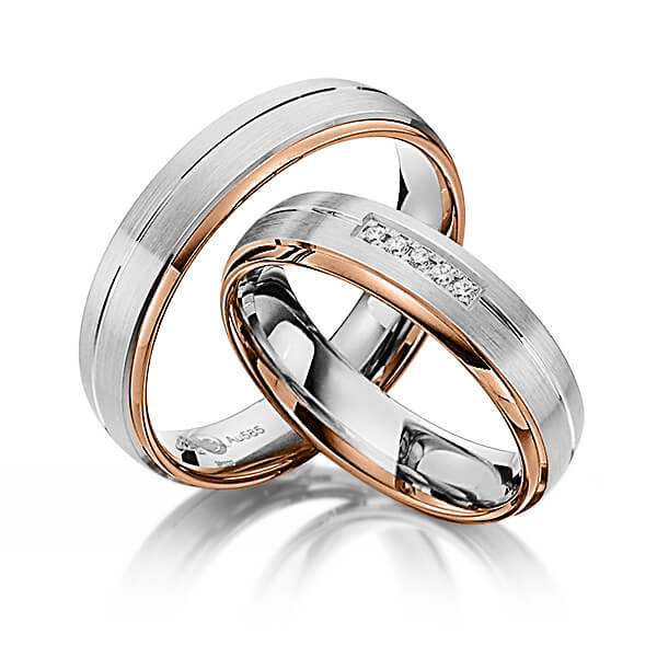 Set Bicolor trouwringen in roodgoud 14 kt. witgoud 14 kt. met in totaal 0,05 ct. Briljant tw/si van Steinberg