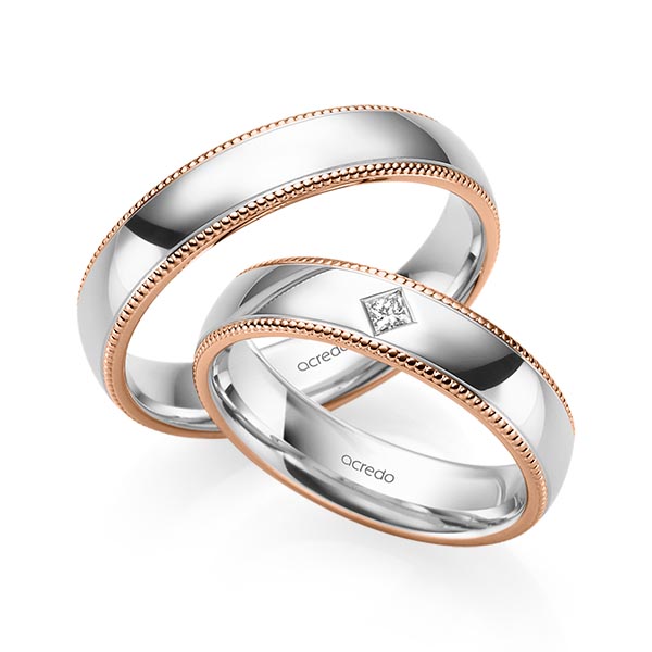 Set Bicolor trouwringen in roodgoud 14 kt. witgoud 14 kt. met in totaal 0,05 ct. Princess-Diamant tw/si van acredo