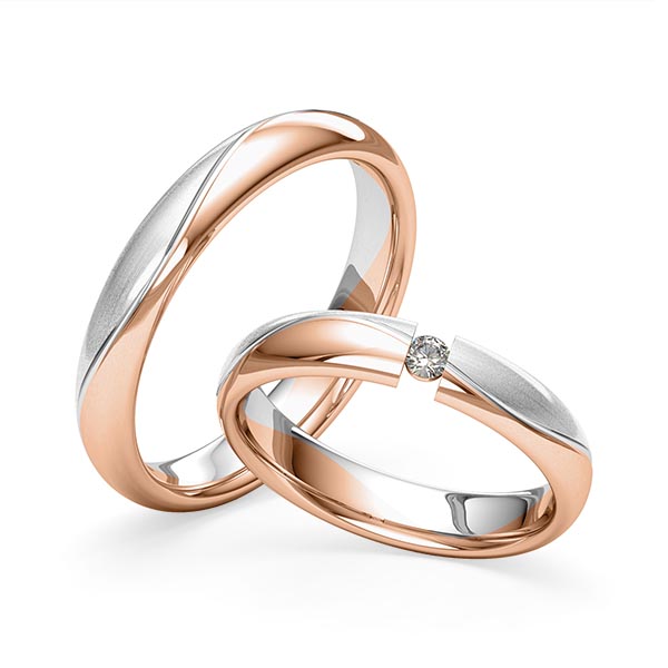 Set Bicolor trouwringen in roodgoud 14 kt. witgoud 14 kt. met in totaal 0,06 ct. Briljant tw/si van Merii