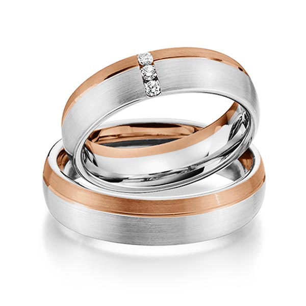 Set Bicolor trouwringen in roodgoud 14 kt. witgoud 14 kt. met in totaal 0,075 ct. Briljant tw/si van Steinberg