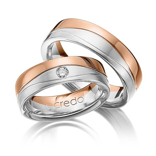 Set Bicolor trouwringen in roodgoud 14 kt. witgoud 14 kt. met in totaal 0,08 ct. Briljant tw/si van acredo - A-1160-12 Set Bicolor trouwringen in roodgoud 14 kt. witgoud 14 kt. met in totaal 0,08 ct. Briljant tw/si van acredo - A-1160-12