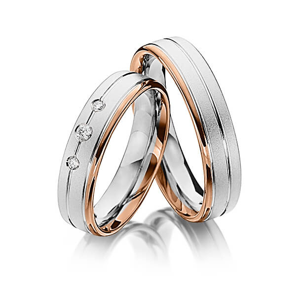 Set Bicolor trouwringen in roodgoud 14 kt. witgoud 14 kt. met in totaal 0,08 ct. Briljant tw/si van Steinberg