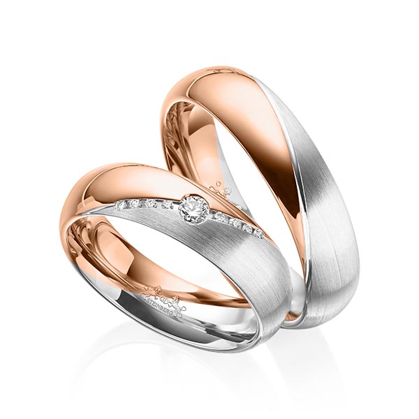 Set Bicolor trouwringen in roodgoud 14 kt. witgoud 14 kt. met in totaal 0,09 ct. Briljant tw/si van Steinberg