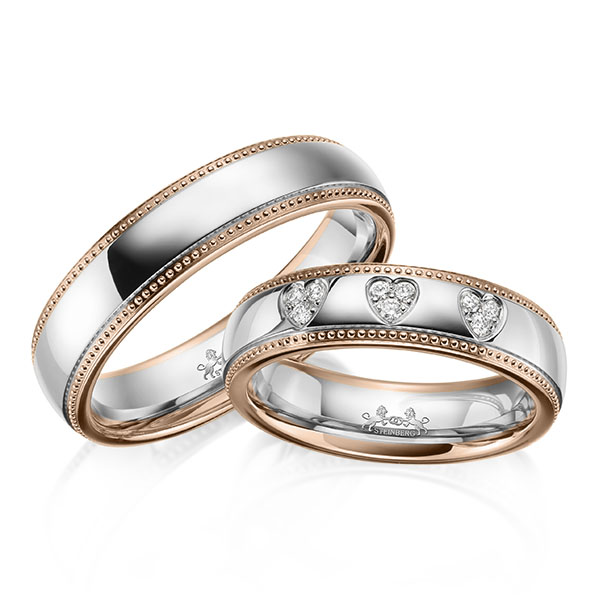 Set Bicolor trouwringen in roodgoud 14 kt. witgoud 14 kt. met in totaal 0,09 ct. Briljant tw/si van Steinberg