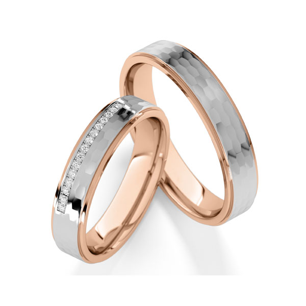 Set Bicolor trouwringen in roodgoud 14 kt. witgoud 14 kt. met in totaal 0,09 ct. Briljant tw/si van Steinberg