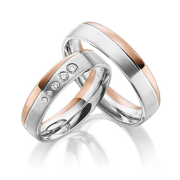 Set Bicolor trouwringen in roodgoud 14 kt. witgoud 14 kt. met in totaal 0,105 ct. Briljant tw/si van Steinberg