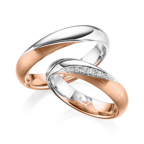 Set Bicolor trouwringen in roodgoud 14 kt. witgoud 14 kt. met in totaal 0,114 ct. Briljant tw/si van Steinberg